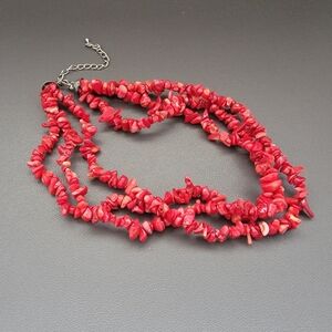Three-Strand Red Coral Chip Necklace | Organic Statement Adornment | Coastal